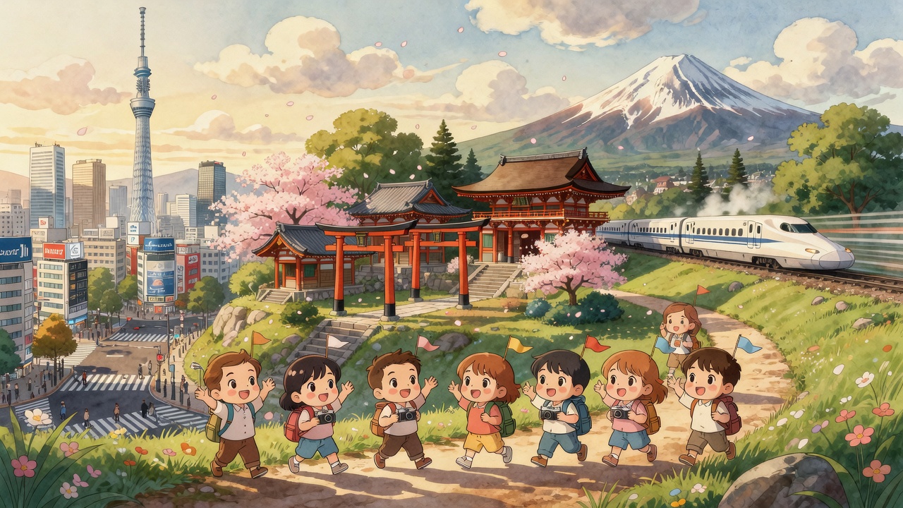 Ghibli-style Japan adventure illustration